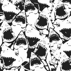  Angry Shark Collage. Hand Drawn Sea Life Pattern. - Royalty-free illustration Shark, Fish, Swimming, Animal, Design