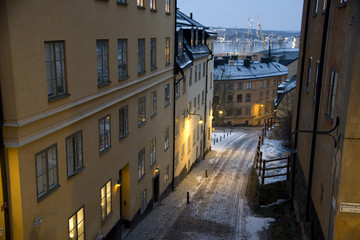 Old houses at södermalm in Stockholm a cold winter morning