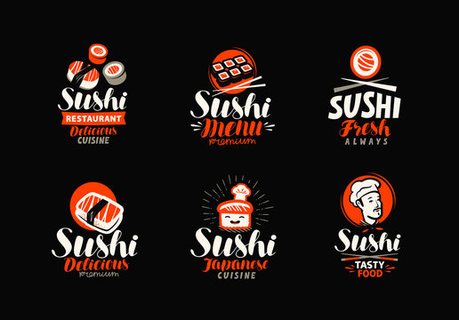 Sushi, rolls, Japanese food set of logos or labels. Vector illustration