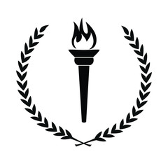 black icon of flame burning torch with laurel wreath leaves circle simple color flat vector illustration symbol of victory, sports game or succes achievement concept