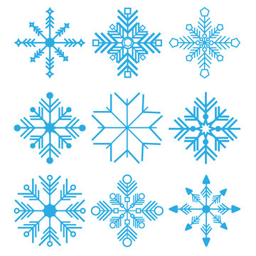 vector illustration. Set of Nine Snowflakes thin line ftat design