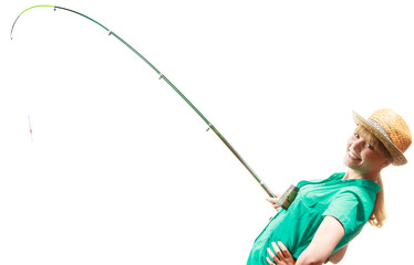 Obraz premium Woman with fishing rod, spinning equipment