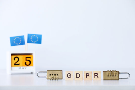 General Data Protection Regulation (GDPR) text and EU flag calendar may 25 