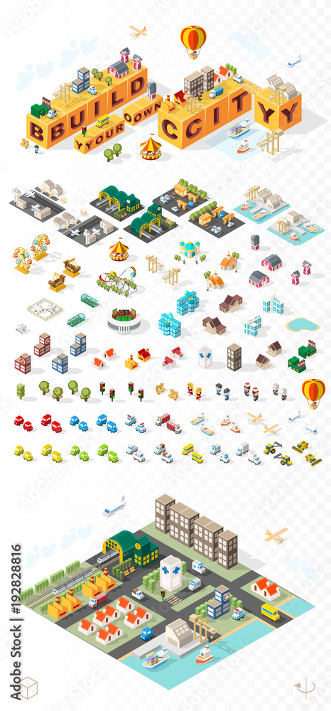 Poster build your own city . set of isolated minimal city vector elements on transparent background
