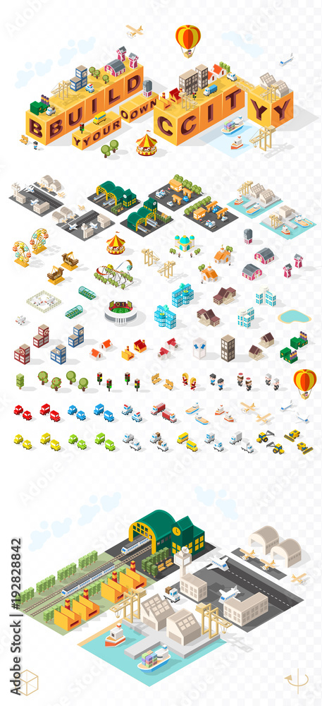 Poster build your own city . set of isolated minimal city vector elements on transparent background
