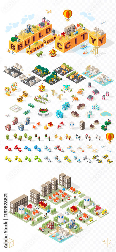 Poster build your own city . set of isolated minimal city vector elements on transparent background