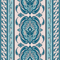 Floral indian paisley pattern vector seamless border. Vintage flower ethnic ornament for batik scarf bandana print fabric. Oriental folk design for persian rug, woman shawl textile, blanket, clothing.