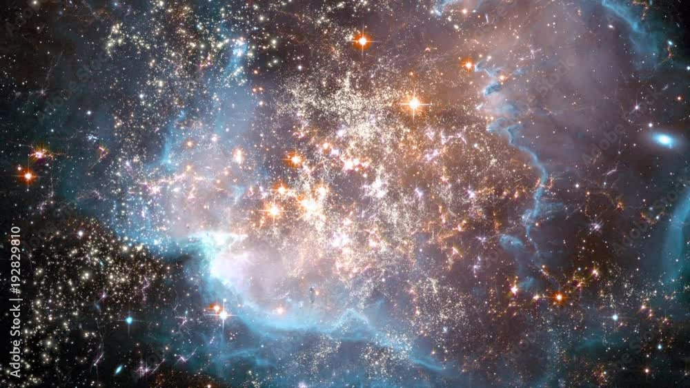 Poster space 2339: reverse view traveling through star fields in space (loop).