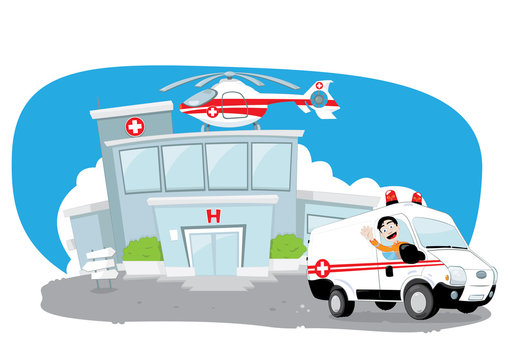 Hospital building with helicopter on its roof and an ambulance hurrying while its driver cheers