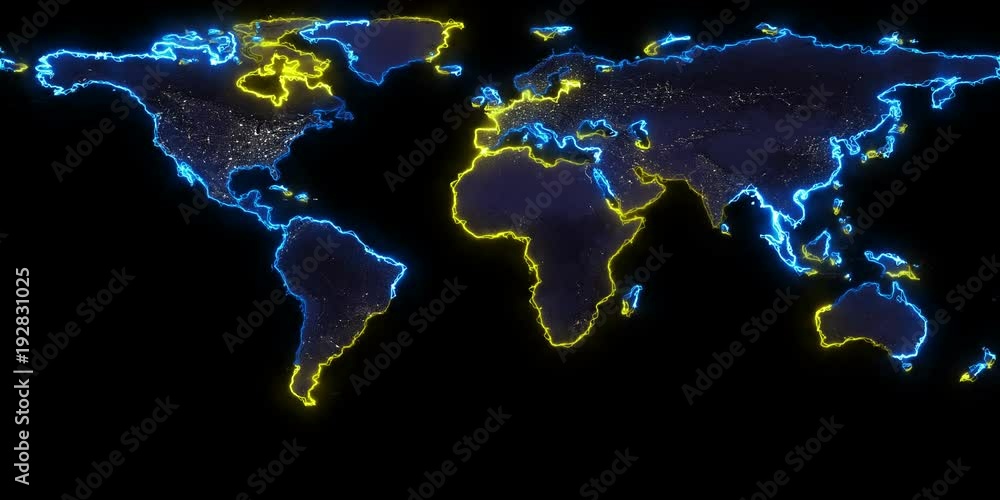 Poster dynamic mapping of the contours of the world map. light lines around the continents