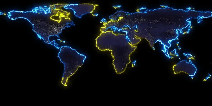 Dynamic mapping of the contours of the world map. Light lines around the continents