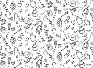 Seamless pattern with cute doodles - cactuses, unicorn, cup of coffee etc.