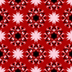 Seamless floral background. Black, white pattern on red backdrop