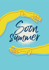 Summer typographical retro grunge poster with arms. Vector illustration.