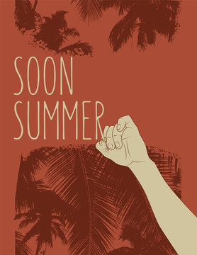 Summer typographical retro grunge poster. Hand holding a pencil and writing. Vector illustration.