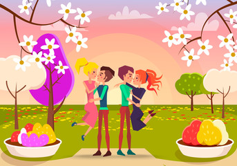 Young Happy Couples in Beautiful Park Illustration
