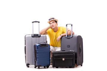 Happy young man going on summer vacation isolated on white