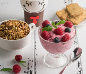 Healthy breakfast: Curd souffle with fresh blueberry, raspberries,multiseed biscuits, granola and tea