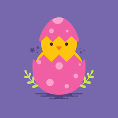 Easter - Flat Illustration - Cute Chick, Cracked Pink Egg and Branches on a Purple Background