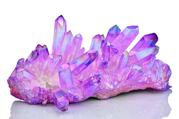 Amazing colorful Quartz Purple Titanium aura crystal cluster isolated on white background, Angel aura mineral. Macro of beautiful rare mineral stone