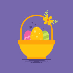 Easter - Flat Illustration - Basket with Colorful Eggs, Flower and Branch on a Purple Background