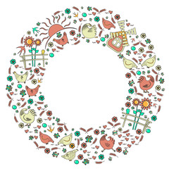 Template, banner.Ornament in the circle. on white background with place for the test. Mills, sunflowers, chicken, roosters, chickens, Easter eggs. Swallows flowers butterfly Vector illustration