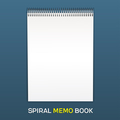 A spiral notebook. Layout. Notebook. Empty header cap to insert your images, template. Lies on the table, top view, open. Isolated on blue background, vector illustration