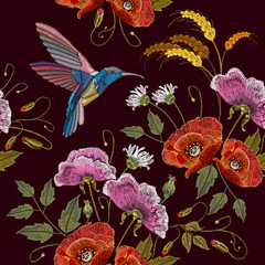 Embroidery humming birds and flowers, poppies seamless pattern, ears of wheat embroidery on black background. Beautiful bouquet and tropical humming bird pattern. Decorative floral embroidery