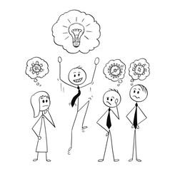 Cartoon stick man drawing conceptual illustration of business team meeting and brainstorming. Concept of teamwork and creativity.