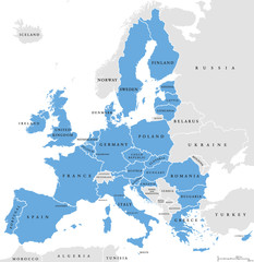 European Union countries. English labeling. Political map with borders and country names. 28 EU members, colored in light blue. Political and economic union in Europe. Illustration over white. Vector. - obrazy, fototapety, plakaty