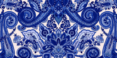 Abstract blue paisley pattern. Traditional oriental ornament. Cobalt hues on ecru background. Textile design. - 192838209