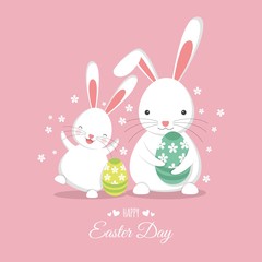 Easter bunny with easter eggs. flat design. White rabbit on a pink background. Happy Easter day!