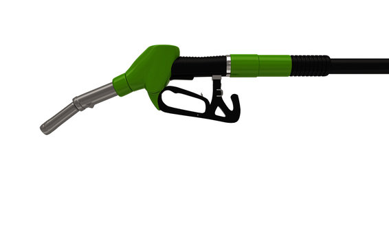 Erogatore di benzina verde su sfondo bianco, pieno, rifornimento, illustrazione 3d