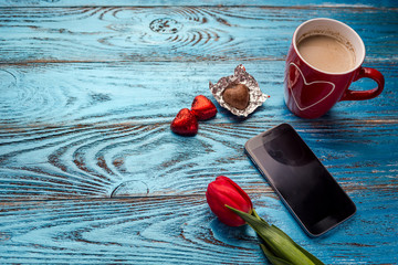 Valentines day background decorated with red hearts and love card/copy space