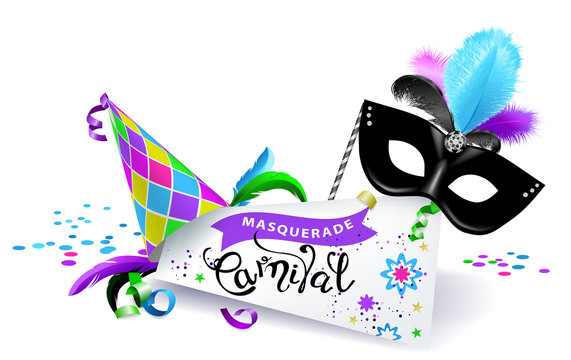 Carnival banner. Black carnival mask with colorful feathers, multicolored hat and sheet of paper with the calligraphic inscription Carnival on white background