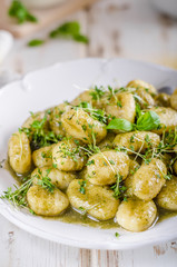 Pesto gnocchi, garlic and fresh herbs olive oil