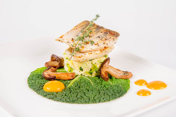 Fried zander, millet with green vegetables, fried boletus with thyme on a green leaf with some egg yolks on a white background
