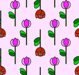 Pattern of flowers with a rose and a tulip of red and purple, vector