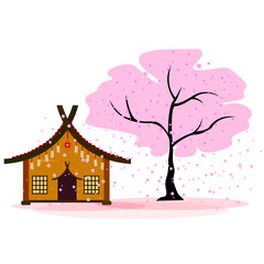 Japanese house next to blooming cherry blossoms, late flowers fall, background