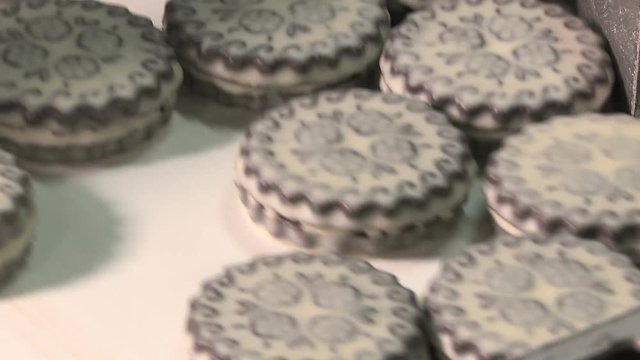 Cookies with cocoa chocolate taste brown on the conveyor belt. Chocolate biscuits with cream are watered with a glaze of white color. Cookies are brown with coffee taste in the confectionery factory.