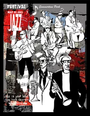Papier Peint photo Lavable Art Studio Affiche de jazz, musiciens sur fond grunge