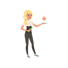 Beautiful young woman bartender holding a tray with alcohol flaming cocktail, barman character mixing a cocktail drink in shaker cartoon vector Illustration on a white background