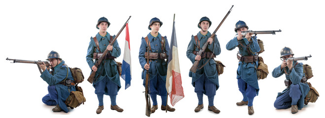 different views of French soldier 1914 1918 isolated on white background