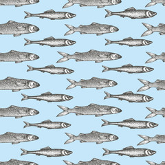 Hand drawn sketch seafood background. Vector seamless pattern with fish. Vintage mullet and sprat illustration. Can be use for menu or packaging design. Engraved style. Retro salmon illustration.