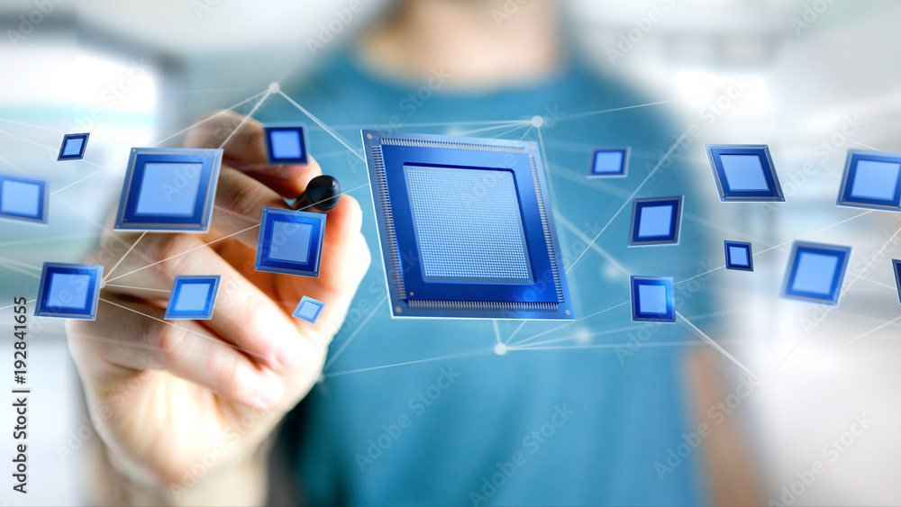 Poster processor chip and network connection - 3d render