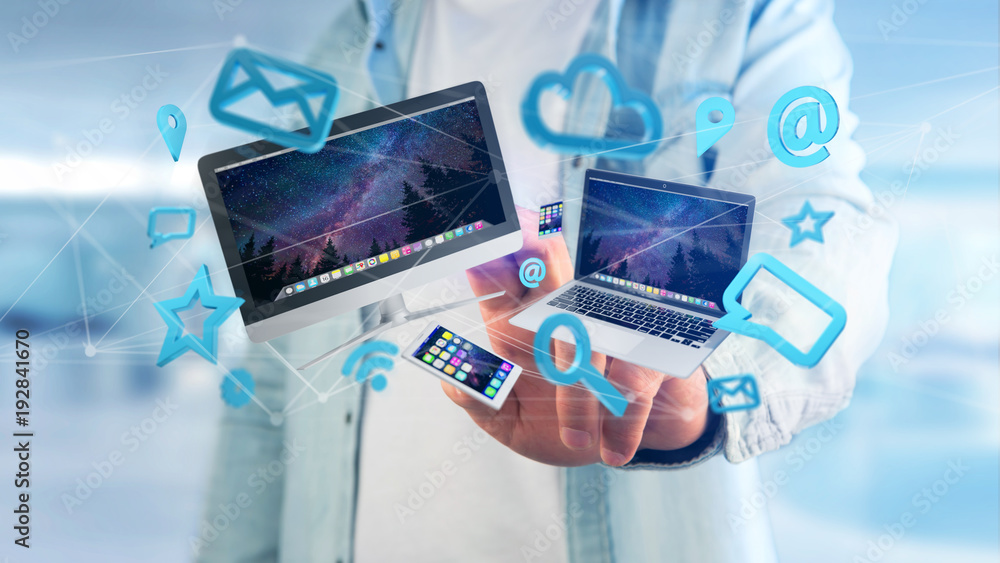 Poster devices like smartphone, tablet or computer flying over connection network and app- 3d render