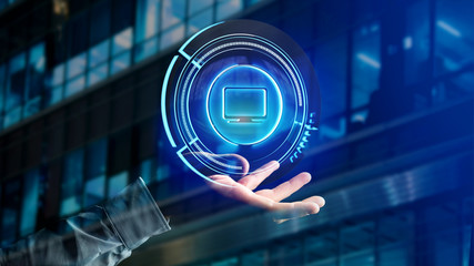 Businessman holding a Shinny technologic computer button - 3d render