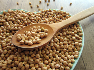  chickpeas in a bowl and a wooden spoon.food .