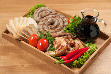 Dish for the restaurant, Healthy food, Tasty food, The dish on the table, Beautiful food for the menu, Sausages hunting assortment