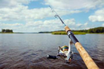 fishing rod on the background of a blurred islet of green grass.